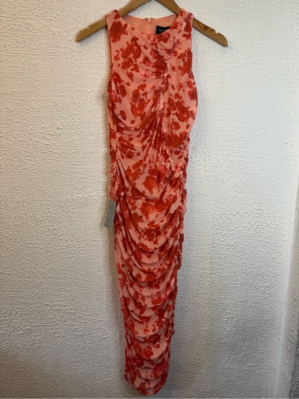 Bardot Felicia Mesh Coral Pink Floral Ruched Dress